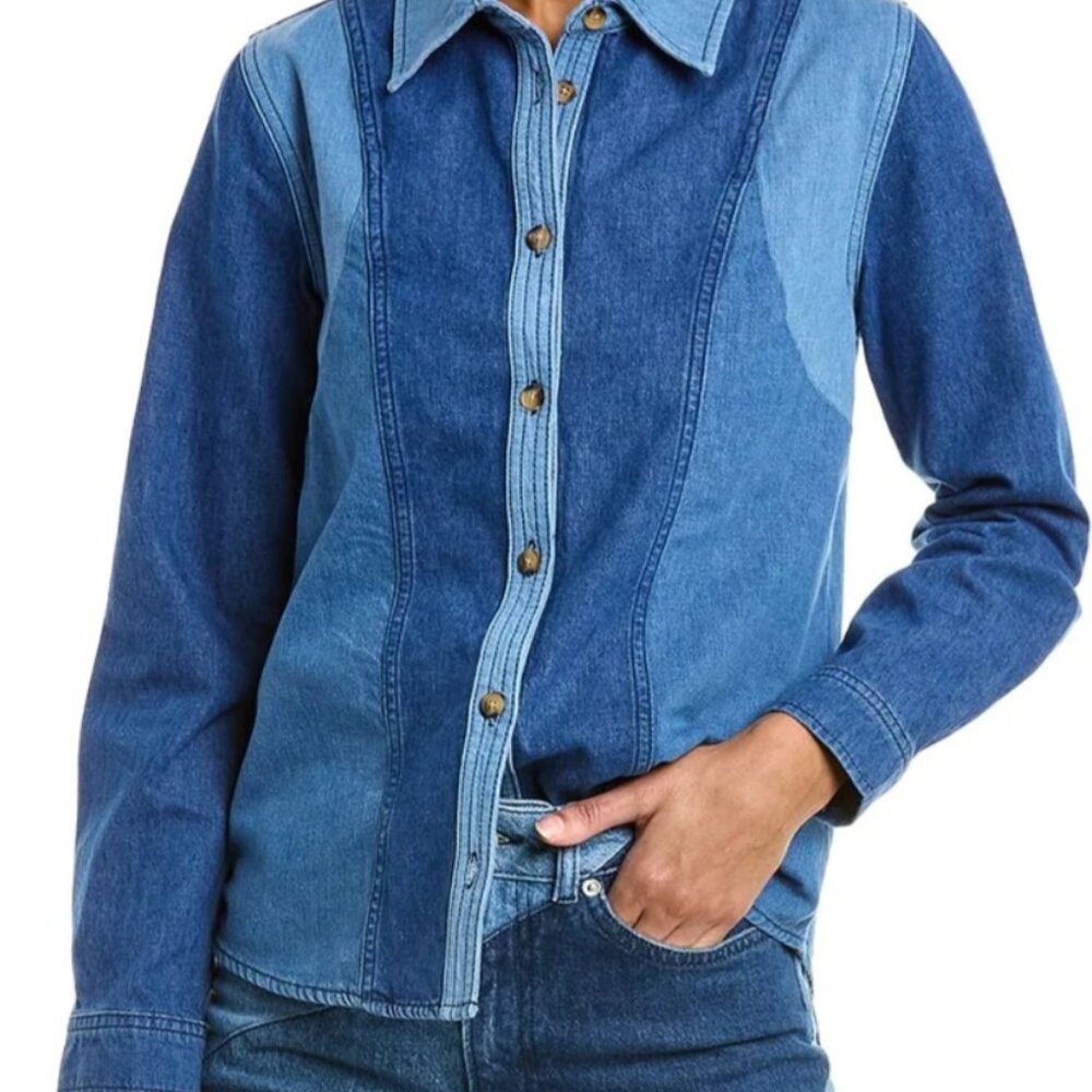 ba&sh Two-Tone Blue Denim Button-Down Shirt